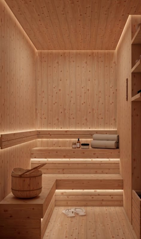 Sauna em madeira com prateleiras